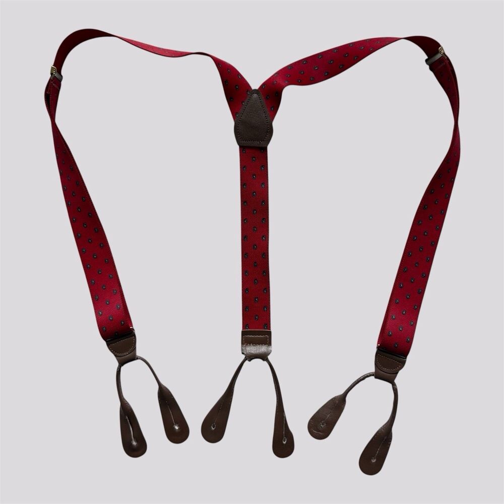 CAS Red Paisley Vintage Brown Leather Germany Suspenders Y-Back Braces Brass